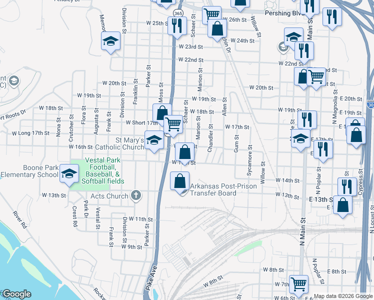 map of restaurants, bars, coffee shops, grocery stores, and more near 1604 Schaer Street in North Little Rock