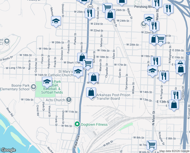 map of restaurants, bars, coffee shops, grocery stores, and more near 1522 Schaer Street in North Little Rock