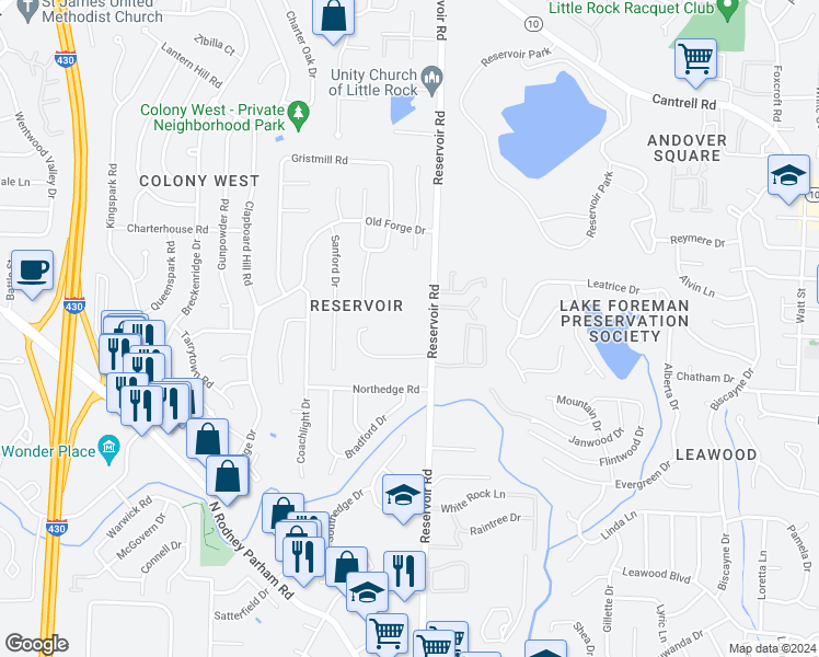 map of restaurants, bars, coffee shops, grocery stores, and more near 1818 Reservoir Road in Little Rock