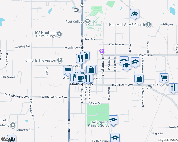 map of restaurants, bars, coffee shops, grocery stores, and more near 140 East Falconer Avenue in Holly Springs
