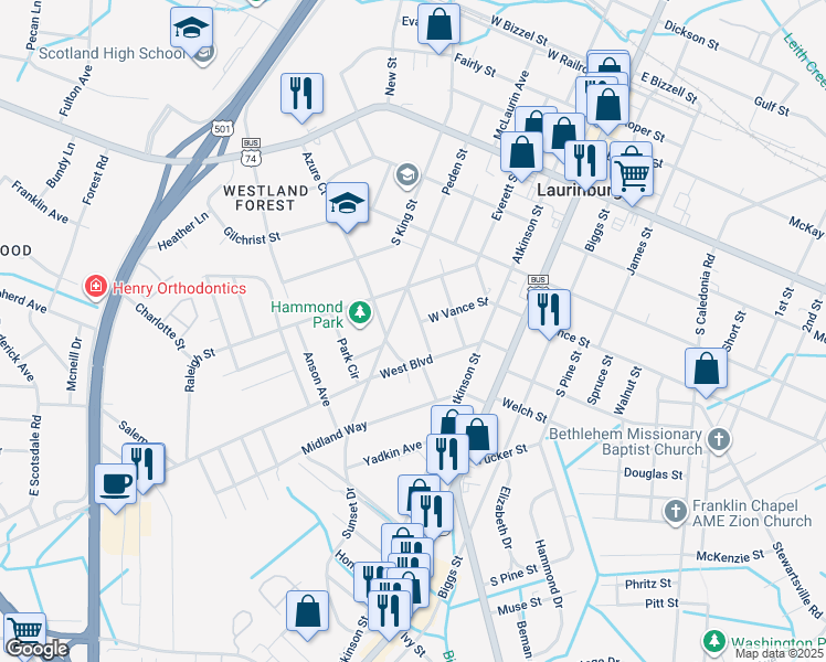 map of restaurants, bars, coffee shops, grocery stores, and more near 725 Richmond Street in Laurinburg