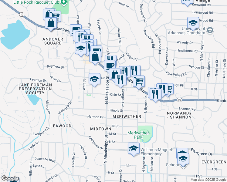 map of restaurants, bars, coffee shops, grocery stores, and more near 7575 Cantrell Road in Little Rock