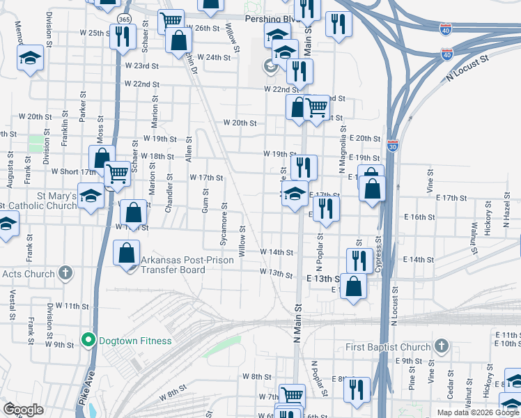 map of restaurants, bars, coffee shops, grocery stores, and more near 1612 North Orange Street in North Little Rock