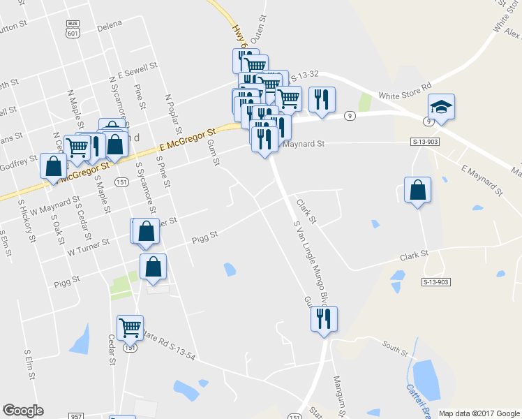 map of restaurants, bars, coffee shops, grocery stores, and more near 500 Gum Street in Pageland