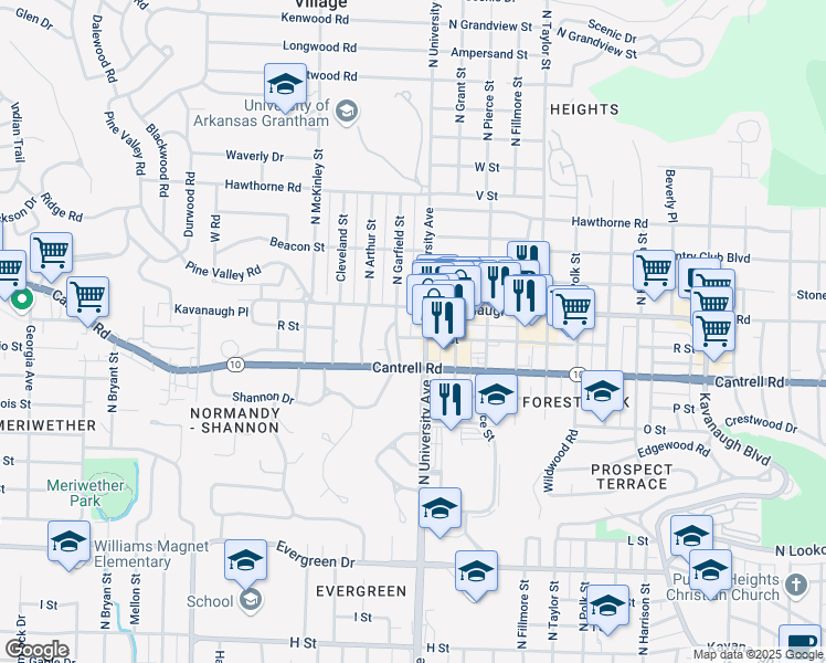 map of restaurants, bars, coffee shops, grocery stores, and more near 53 Normandy Drive in Little Rock