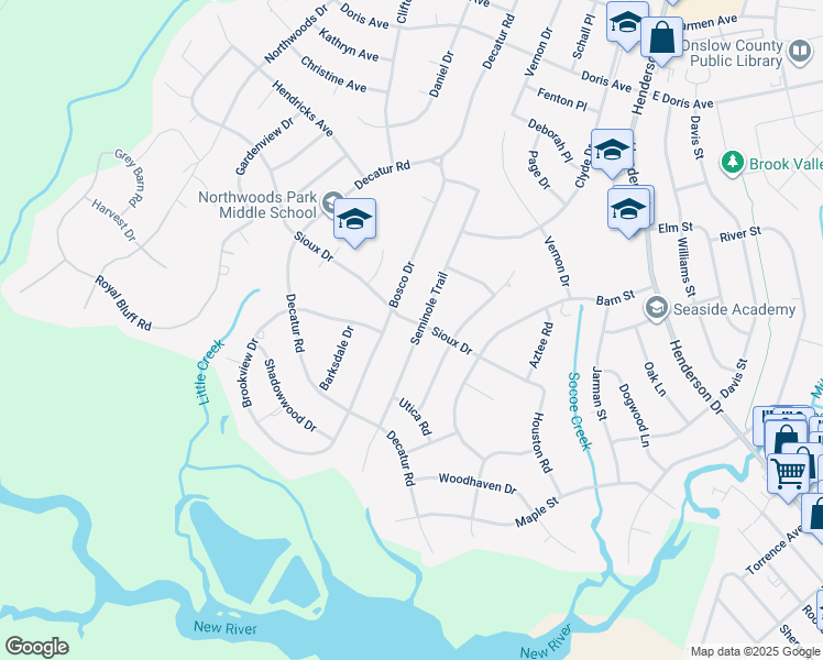 map of restaurants, bars, coffee shops, grocery stores, and more near 427 Seminole Trail in Jacksonville