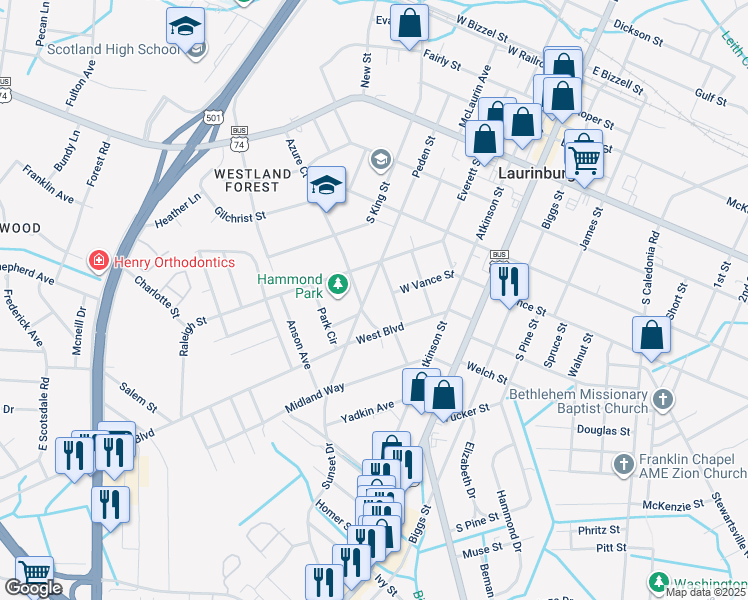 map of restaurants, bars, coffee shops, grocery stores, and more near 712 Peden Street in Laurinburg