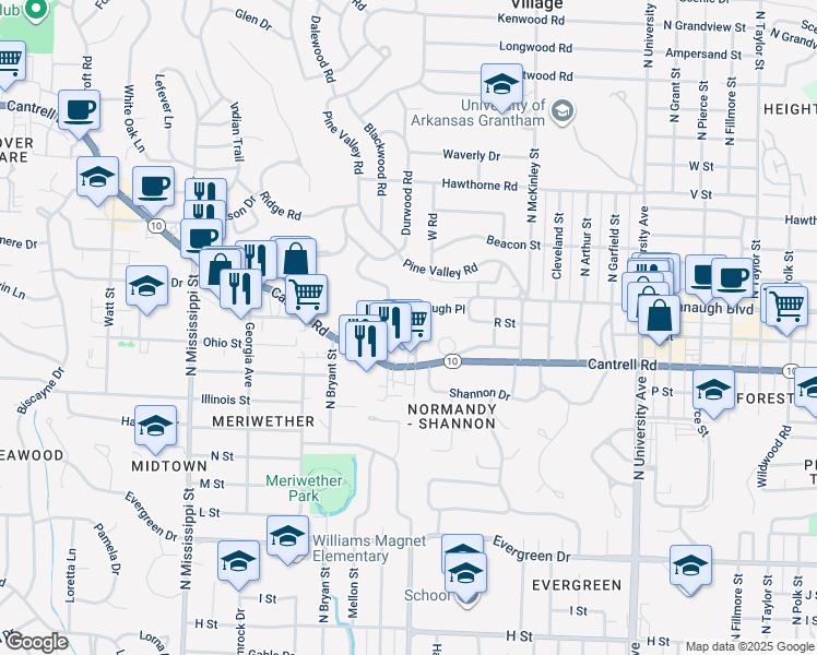 map of restaurants, bars, coffee shops, grocery stores, and more near 6623 Kavanaugh Place in Little Rock