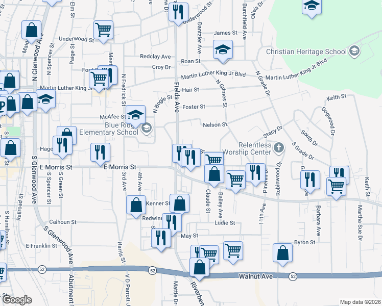 map of restaurants, bars, coffee shops, grocery stores, and more near 1020 Dozier Street in Dalton