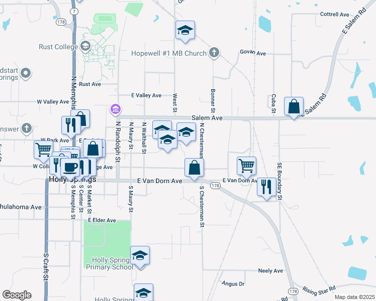 map of restaurants, bars, coffee shops, grocery stores, and more near 325 East Falconer Avenue in Holly Springs