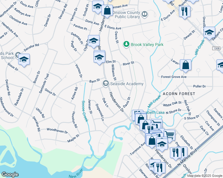 map of restaurants, bars, coffee shops, grocery stores, and more near 526 Henderson Drive in Jacksonville