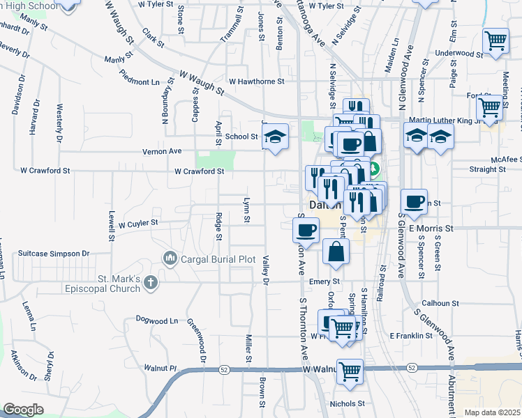 map of restaurants, bars, coffee shops, grocery stores, and more near 406 West Cuyler Street in Dalton