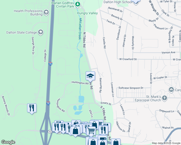 map of restaurants, bars, coffee shops, grocery stores, and more near 101 South Tibbs Road in Dalton