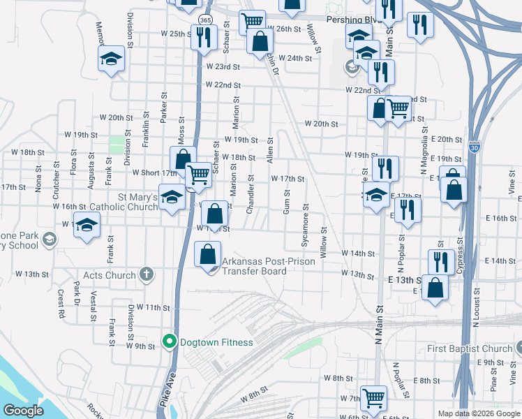 map of restaurants, bars, coffee shops, grocery stores, and more near 1606 Allen Street in North Little Rock