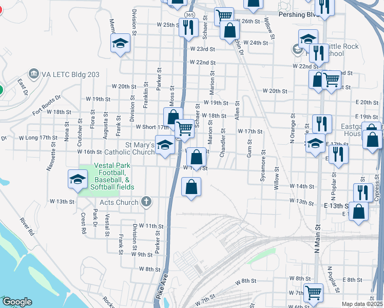 map of restaurants, bars, coffee shops, grocery stores, and more near 1600 Pike Avenue in North Little Rock