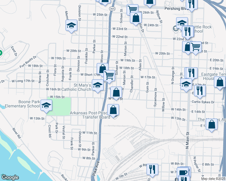 map of restaurants, bars, coffee shops, grocery stores, and more near 1600 Pike Avenue in North Little Rock