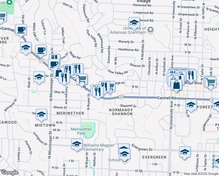 map of restaurants, bars, coffee shops, grocery stores, and more near 6623 Kavanaugh Place in Little Rock
