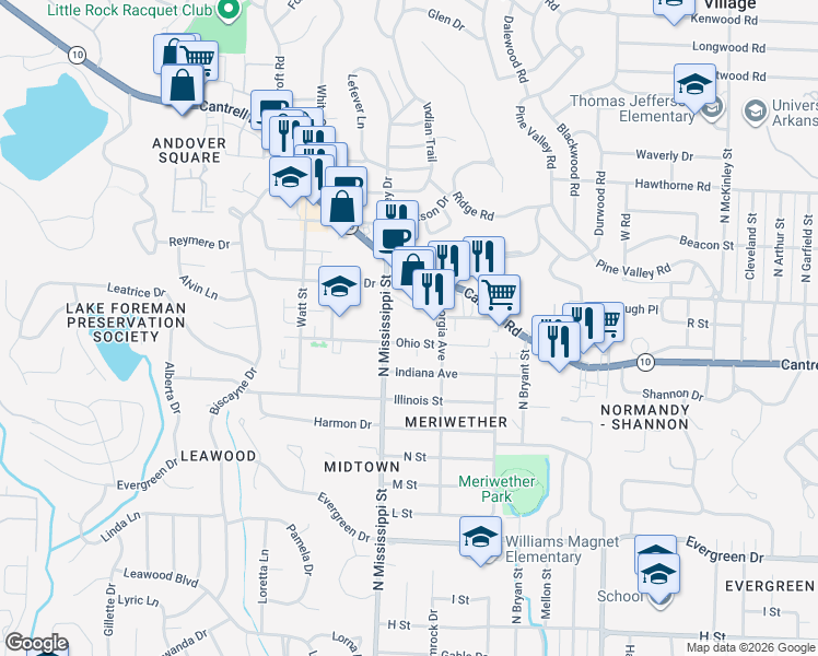 map of restaurants, bars, coffee shops, grocery stores, and more near 7575 Cantrell Road in Little Rock