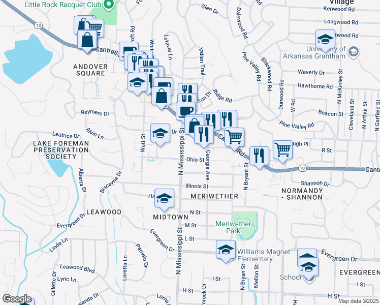map of restaurants, bars, coffee shops, grocery stores, and more near 7575 Cantrell Road in Little Rock