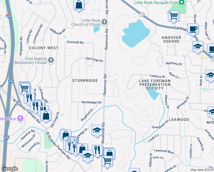 map of restaurants, bars, coffee shops, grocery stores, and more near 1 Meredith Court in Little Rock