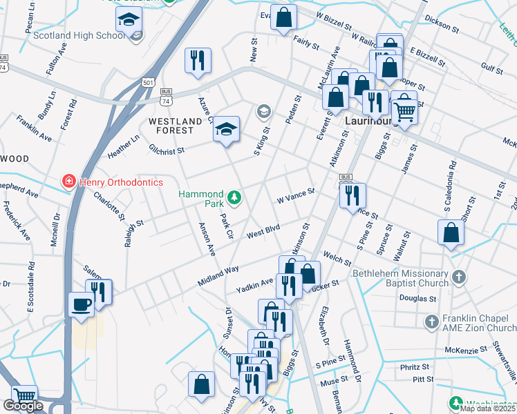 map of restaurants, bars, coffee shops, grocery stores, and more near 712 Peden Street in Laurinburg