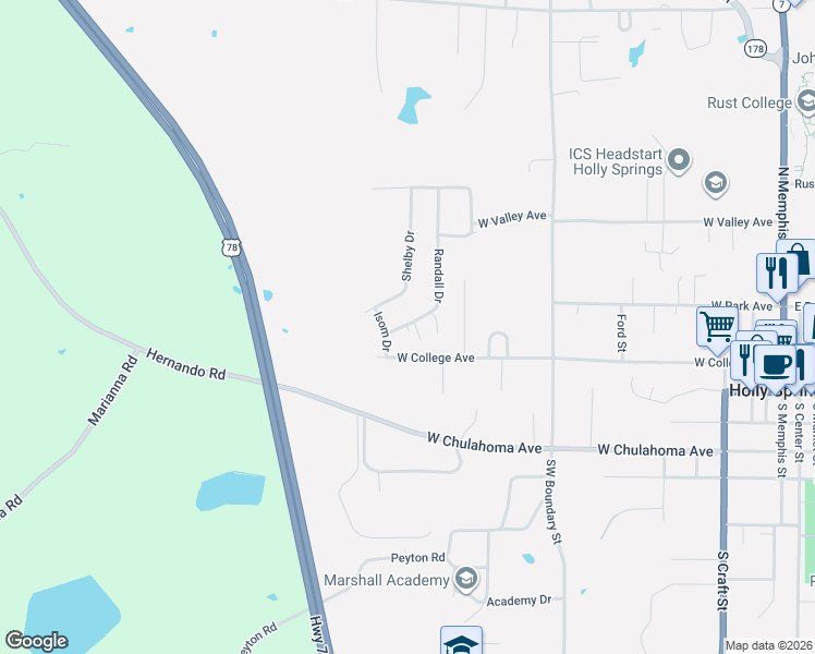 map of restaurants, bars, coffee shops, grocery stores, and more near 180 Randall Drive in Holly Springs