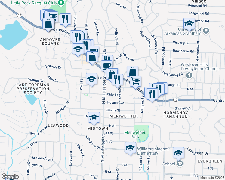 map of restaurants, bars, coffee shops, grocery stores, and more near 7509 Cantrell Road in Little Rock