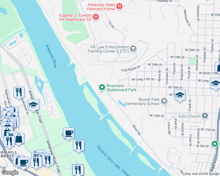 map of restaurants, bars, coffee shops, grocery stores, and more near 2363-2399 Paul Duke Drive in North Little Rock