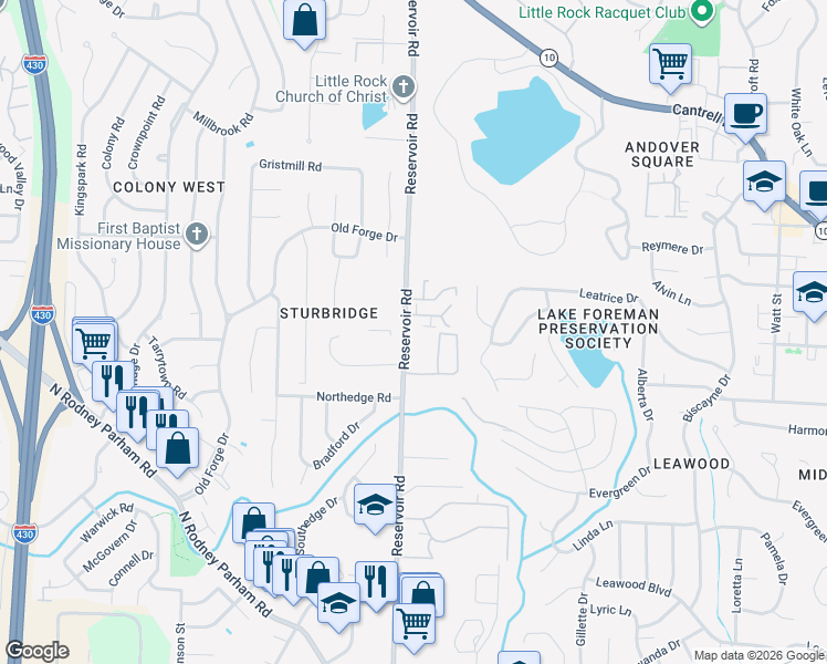 map of restaurants, bars, coffee shops, grocery stores, and more near 1900 Reservoir Road in Little Rock