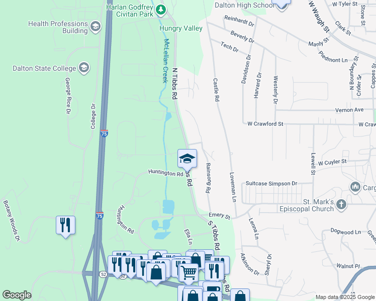 map of restaurants, bars, coffee shops, grocery stores, and more near 101 South Tibbs Road in Dalton