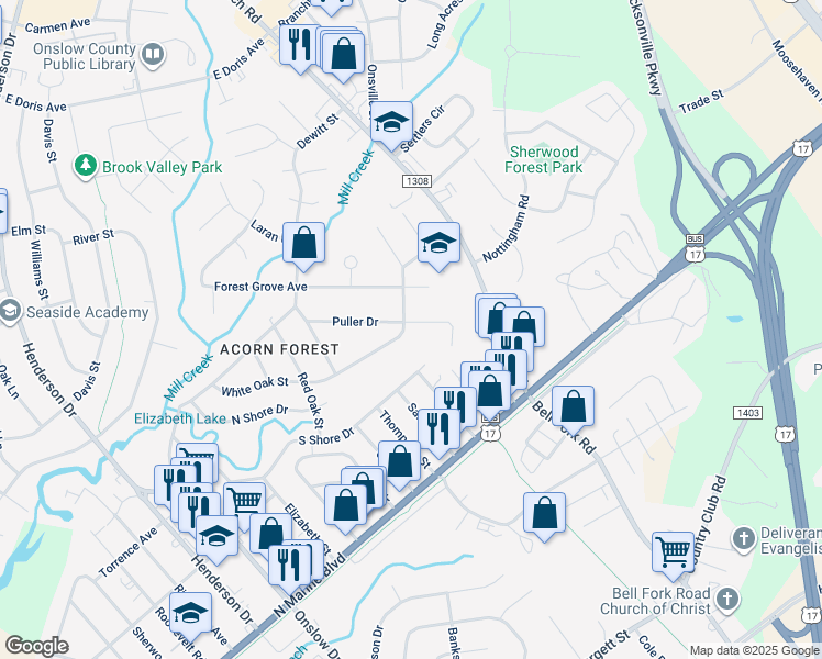 map of restaurants, bars, coffee shops, grocery stores, and more near 200 Puller Drive in Jacksonville