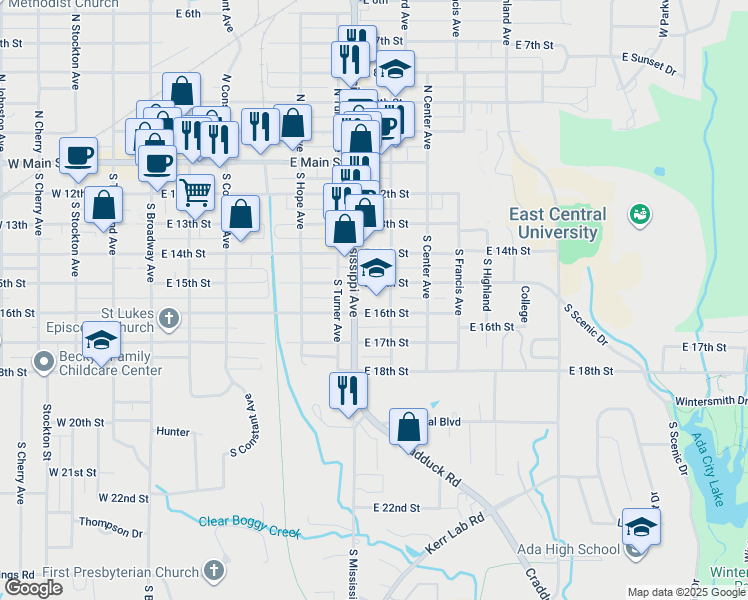 map of restaurants, bars, coffee shops, grocery stores, and more near 500 South Mississippi Avenue in Ada