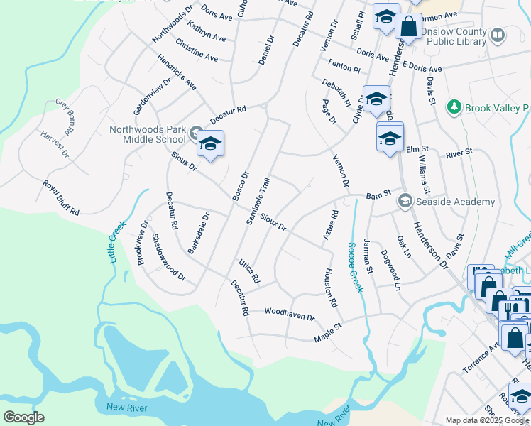 map of restaurants, bars, coffee shops, grocery stores, and more near 702 Sioux Drive in Jacksonville