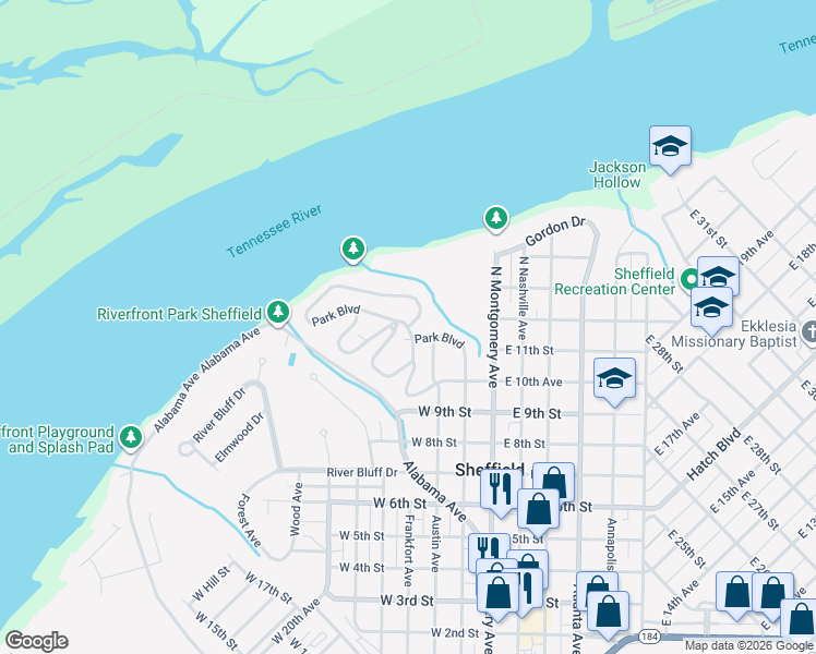 map of restaurants, bars, coffee shops, grocery stores, and more near 398 Park Boulevard in Sheffield