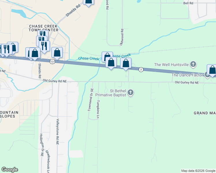 map of restaurants, bars, coffee shops, grocery stores, and more near 602-632 Old Gurley Road Northeast in Huntsville