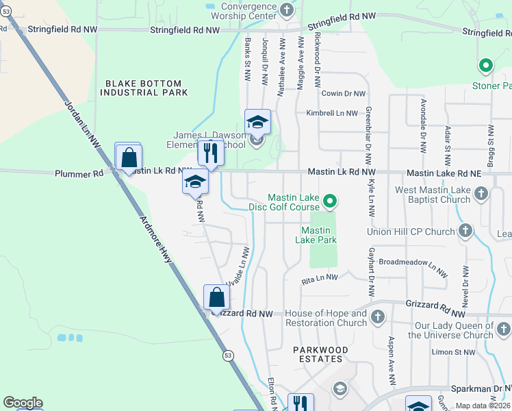 map of restaurants, bars, coffee shops, grocery stores, and more near 3310 Delia Lane Northwest in Huntsville