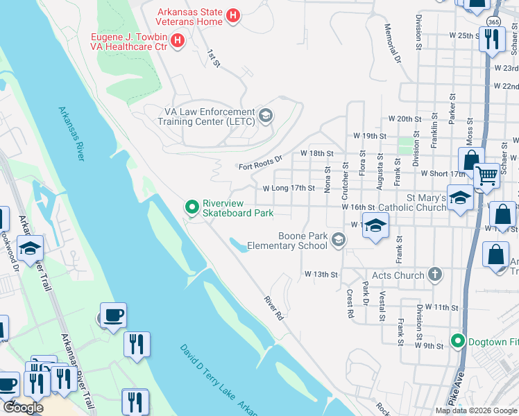 map of restaurants, bars, coffee shops, grocery stores, and more near 2303 West 16th Street in North Little Rock