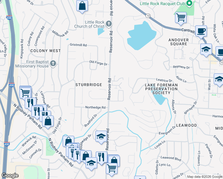 map of restaurants, bars, coffee shops, grocery stores, and more near 1900 Reservoir Road in Little Rock