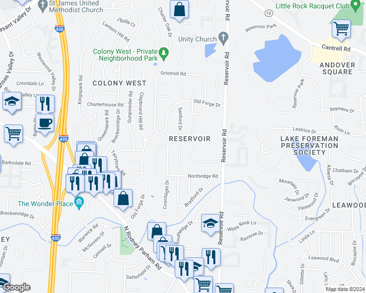 map of restaurants, bars, coffee shops, grocery stores, and more near 18 Ludington Cove in Little Rock
