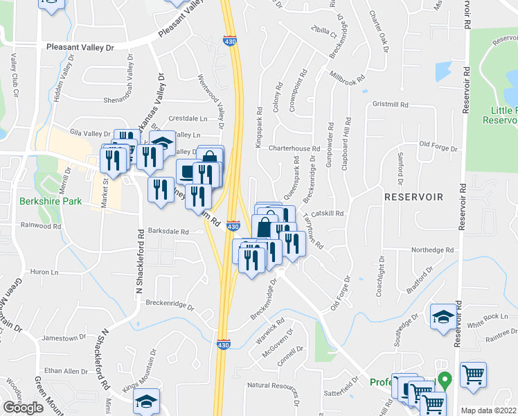 map of restaurants, bars, coffee shops, grocery stores, and more near 1420 Breckenridge Drive in Little Rock