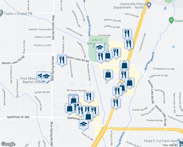 map of restaurants, bars, coffee shops, grocery stores, and more near 3412 Elizabeth Street Northwest in Huntsville