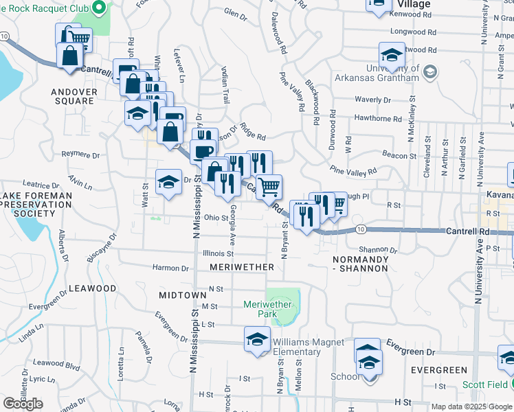map of restaurants, bars, coffee shops, grocery stores, and more near 7201 Kentucky Avenue in Little Rock