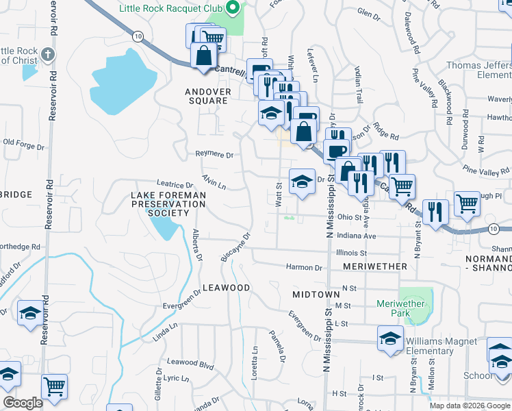 map of restaurants, bars, coffee shops, grocery stores, and more near 1907 Biscayne Drive in Little Rock