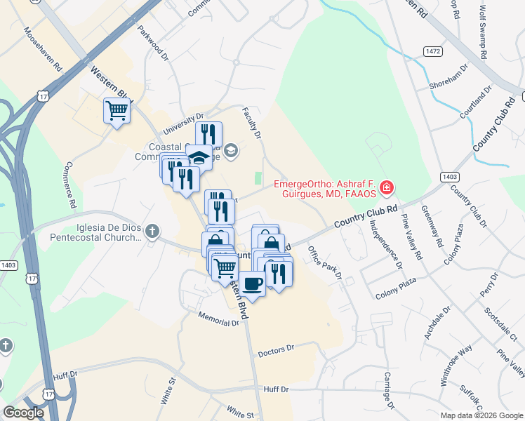 map of restaurants, bars, coffee shops, grocery stores, and more near 322 Myrtlewood Circle in Jacksonville