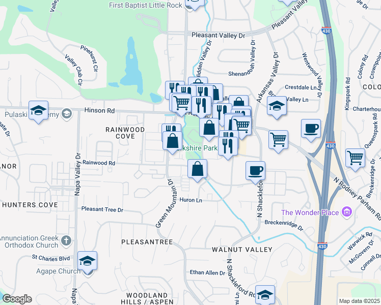 map of restaurants, bars, coffee shops, grocery stores, and more near 24 Wickford Lane in Little Rock