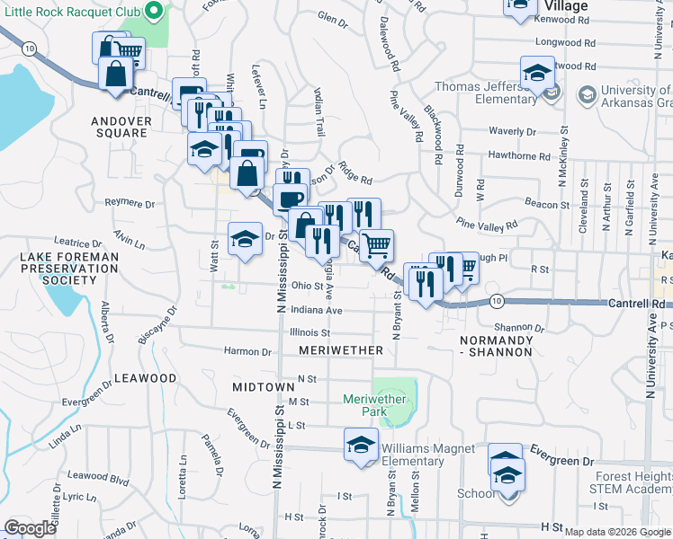map of restaurants, bars, coffee shops, grocery stores, and more near 1919 Georgia Avenue in Little Rock