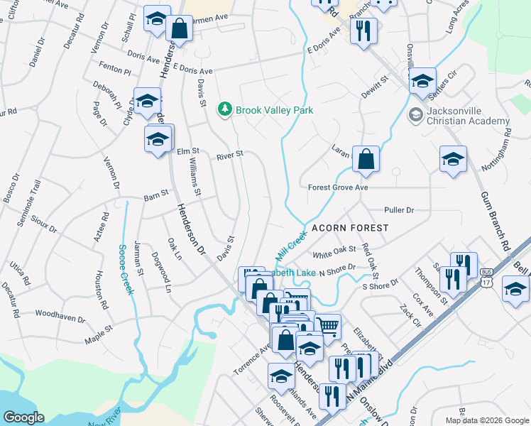 map of restaurants, bars, coffee shops, grocery stores, and more near 1105 River Street in Jacksonville