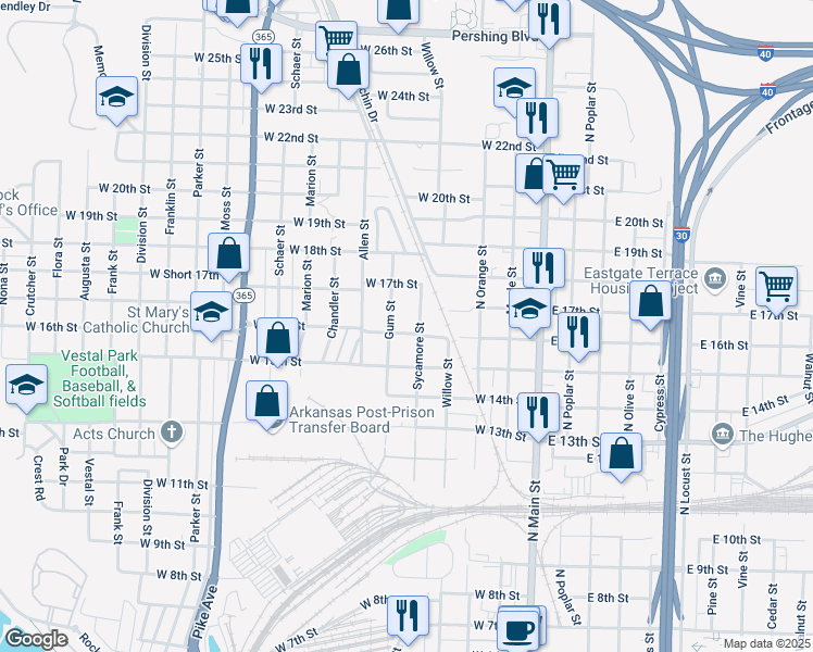 map of restaurants, bars, coffee shops, grocery stores, and more near 509 West 16th Street in North Little Rock