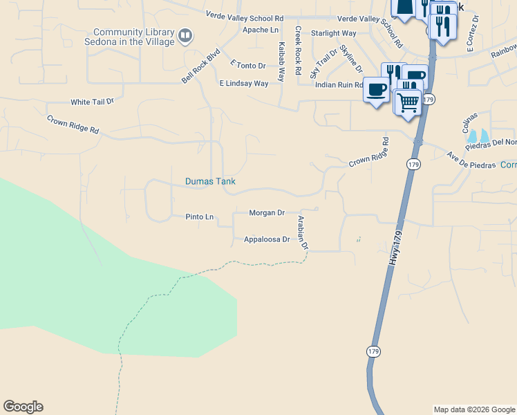 map of restaurants, bars, coffee shops, grocery stores, and more near 140 Morgan Drive in Sedona