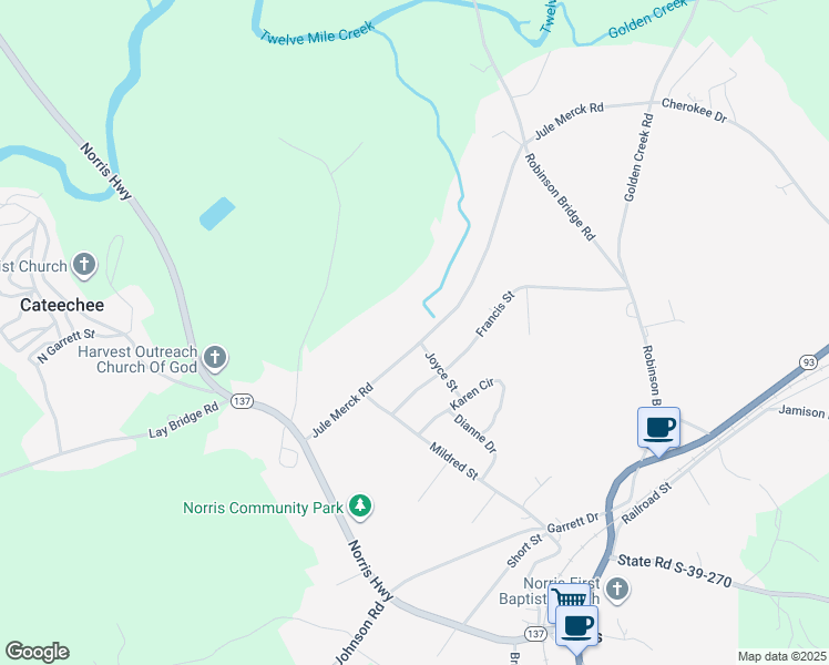 map of restaurants, bars, coffee shops, grocery stores, and more near 301 Jule Merck Road in Norris
